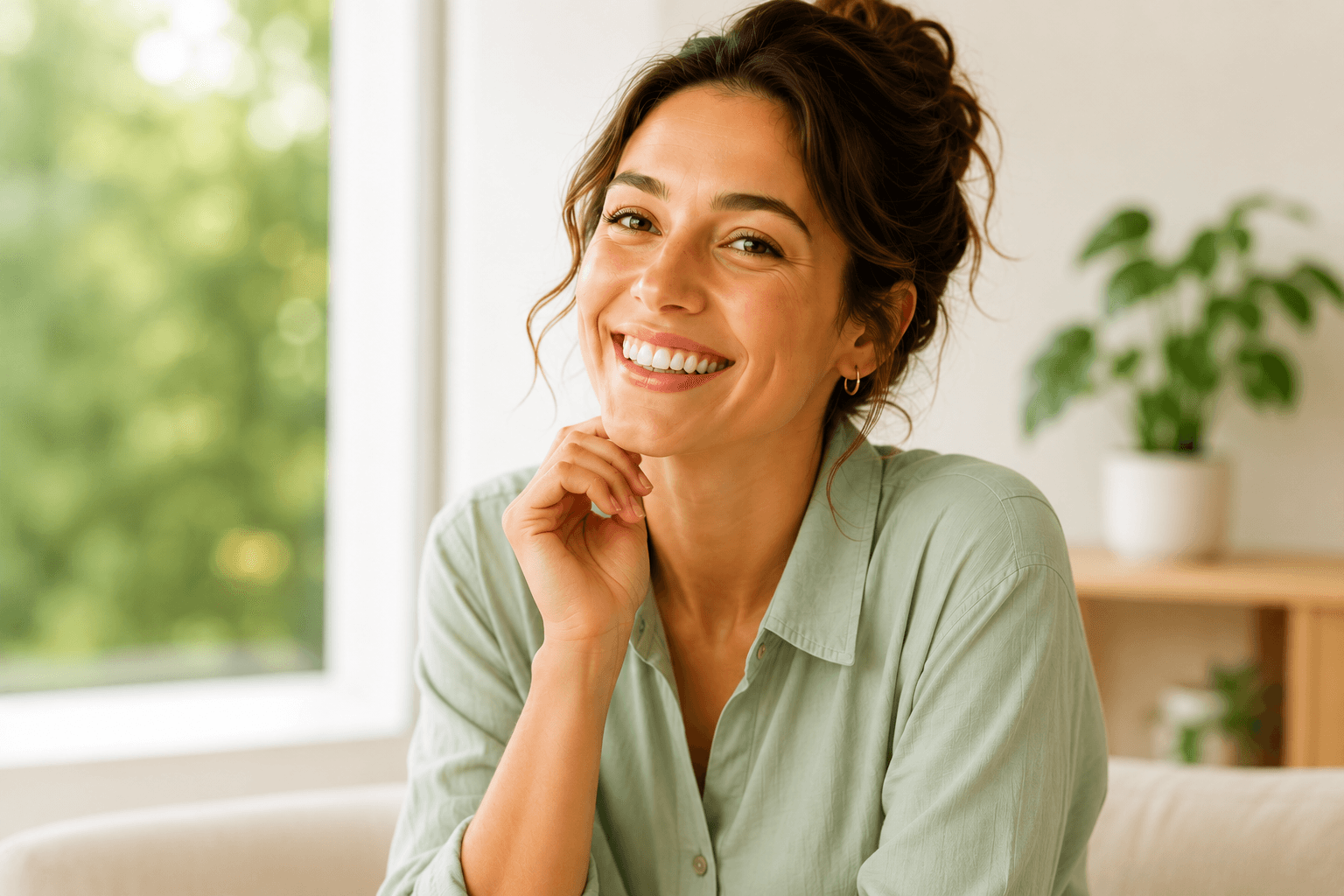 Mulher sorrindo com confiança em ambiente acolhedor